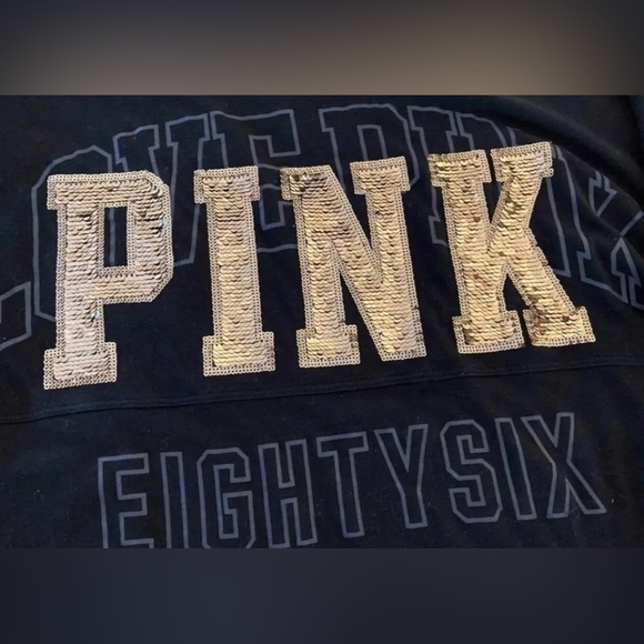❌SOLD❌VS PINK LONG SLEEVE V-NECK CAMPUS TEE SHIRT BLACK GOLD SILVER BLING 86 PUP - Picture 10 of 14